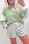Striped Patchwork V Neck Two Piece Lounge Set