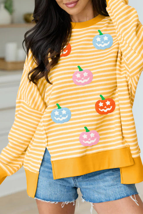 Pumpkin Face Stripe Waffle Knit Slit Pullover Sweatshirt