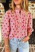 Polka Dot Striped Print Ruffle Stand Neck Three Quarter Sleeve Shift Blouse