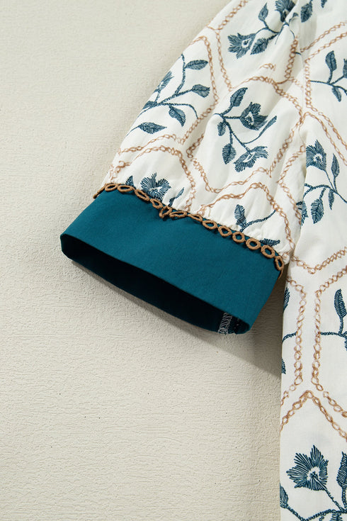 Geometric Floral Print Lace Trim Collared Short Sleeve Mini Dress