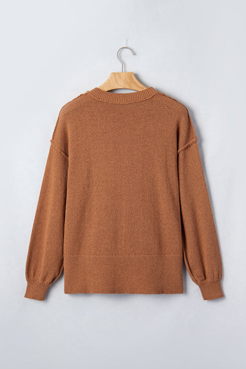 Embroidered Oversized Drop Shoulder Round Neck Pullover Sweater