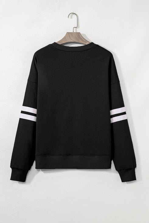 Sequin Ghosts Bows Graphic Varsity Striped Sleeve Pullover Sweatshirt