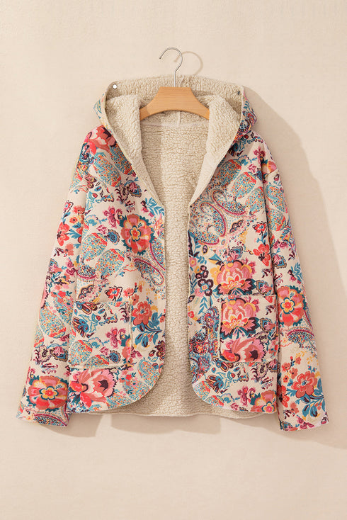 Bohemian Floral Print Sherpa Lined Fleece Hooded Jacket