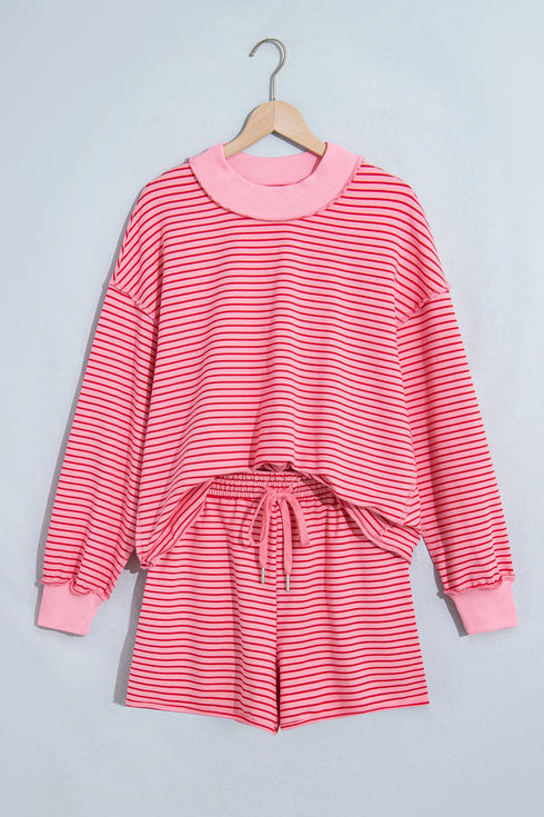 Striped Ribbed Patchwork Mock Neck Baggy Pullover Short Set