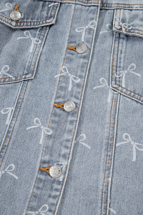 Bow Knot Print Raw Hem Washed Denim Jacket