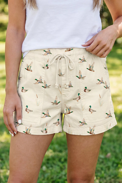 Wild Duck Mallard Print Drawstring Stretch Denim Shorts
