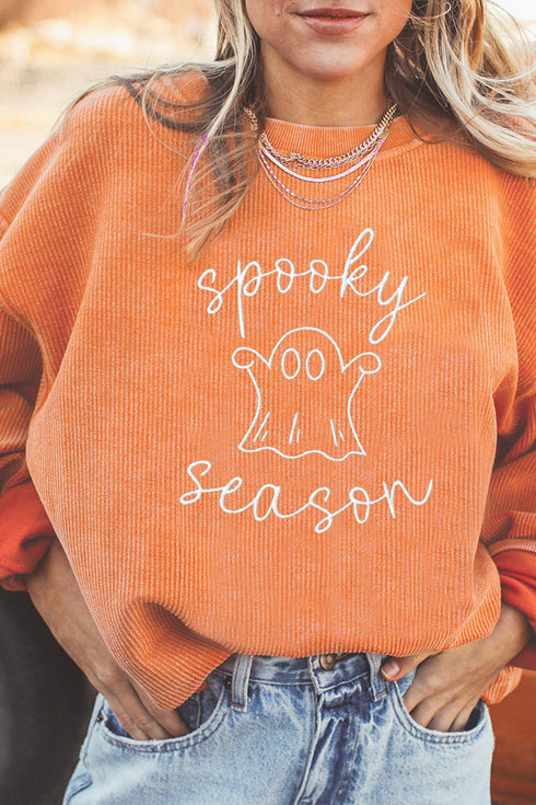Spooky Embroidered Letter Graphic Corded Texture Sweatshirt
