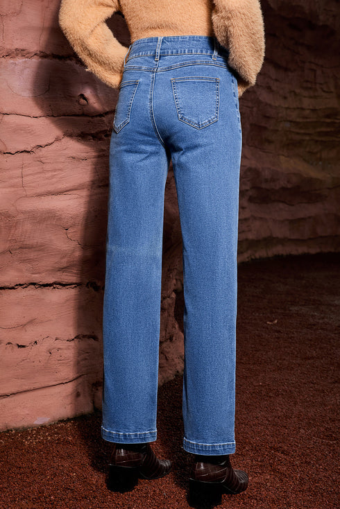 Casual Double Button High Rise Straight Leg Jeans