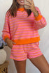 Striped Trim Long Sleeve Pullover Pocketed Two Piece Short Set