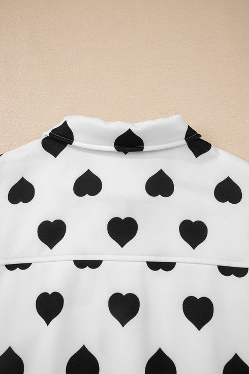 Heart Print Collared Double Flap Pocket Zip Jacket