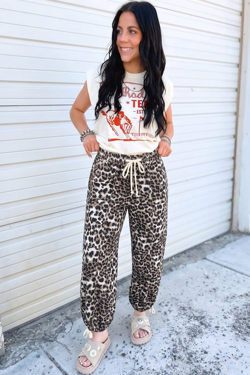 Cotton Denim Leopard Print Drawstring Jogger Jeans