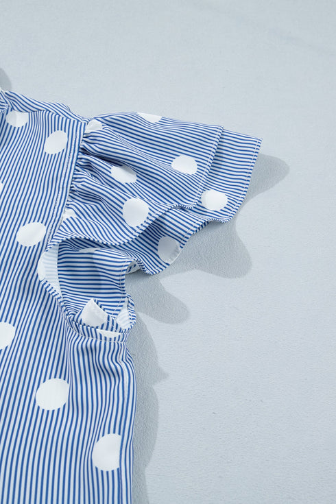 Stripe Polka Dot Print Pleated Ruffle Sleeve Blouse