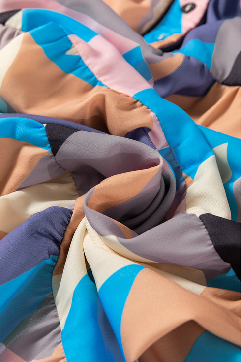 Abstract Geometric Print Flutter Sleeve Collared Tiered Dress