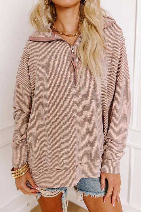 Twist Ribbed Zip Collar Drop Shoulder Long Sleeve Top