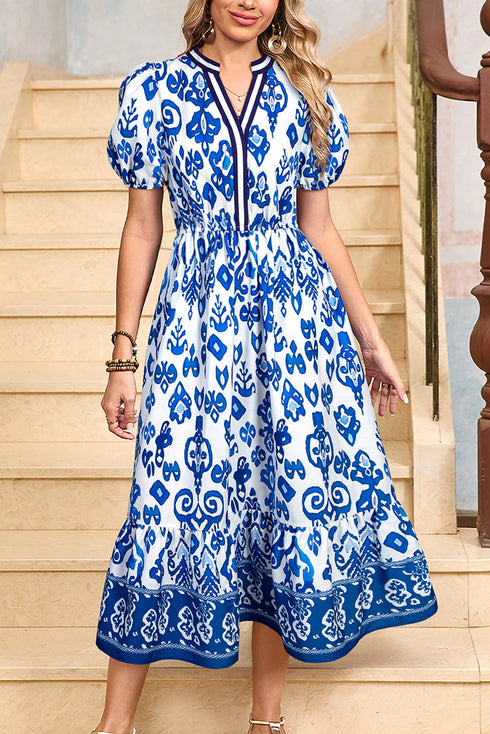 Floral Puff Short Sleeve V Neck High Waist Maxi Dress