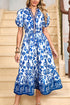 Floral Puff Short Sleeve V Neck High Waist Maxi Dress