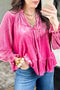 Velvet V Neck Ruffled Cuff Hem Long Sleeve Top