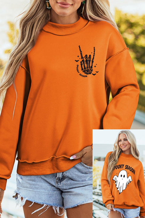 Spooky Themed Graphic Raised Mock Neck Sweatshirt