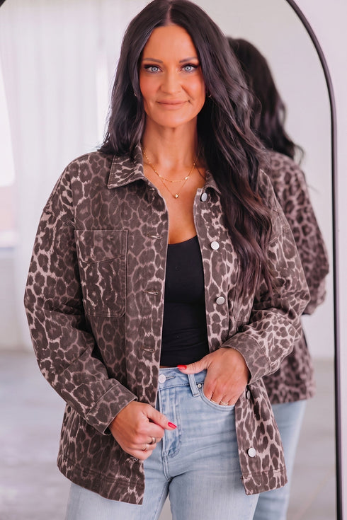 Leopard Print Oversized Patch Pocket Long Sleeve Denim Jacket