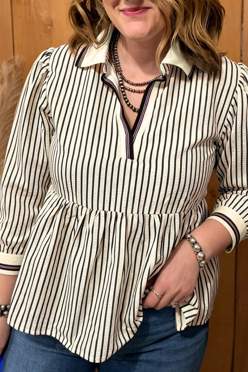 Striped Pattern Patchwork V Neck Tunic Blouse