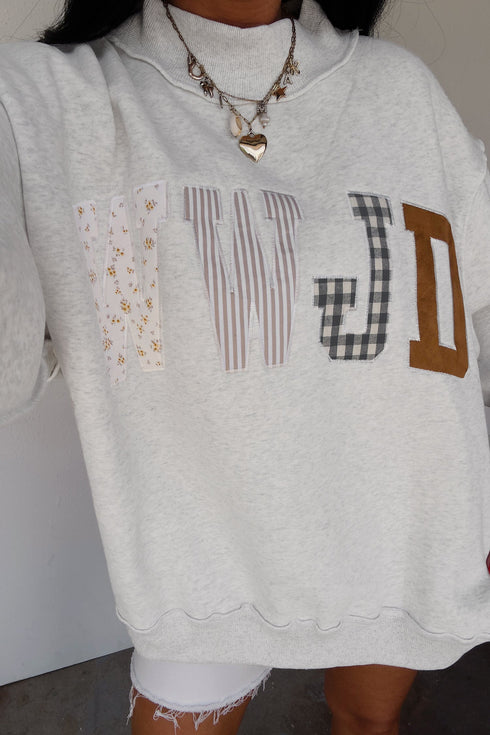 Wwjd Mixed Pattern Embroidered Patch Graphic Mock Neck Sweatshirt