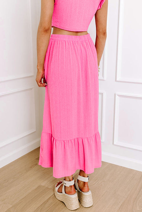 Textured Ruffle Trim Crop Vest Long Skirt Two Piece Dress