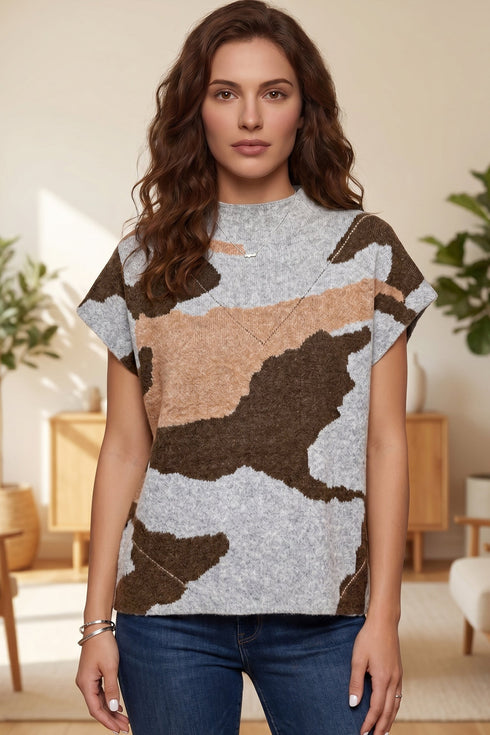 Camouflage Pattern Drop Shoulder High Neck Short Sleeve Shift Sweater