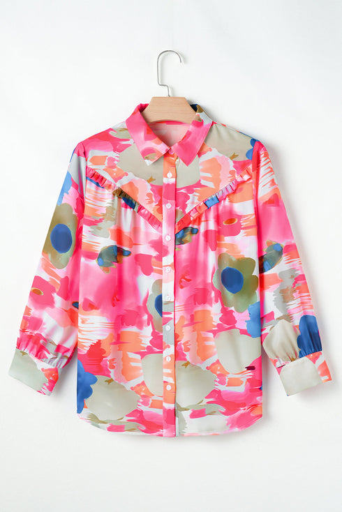 Abstract Floral Print Ruffle Detail Button Down Shirt