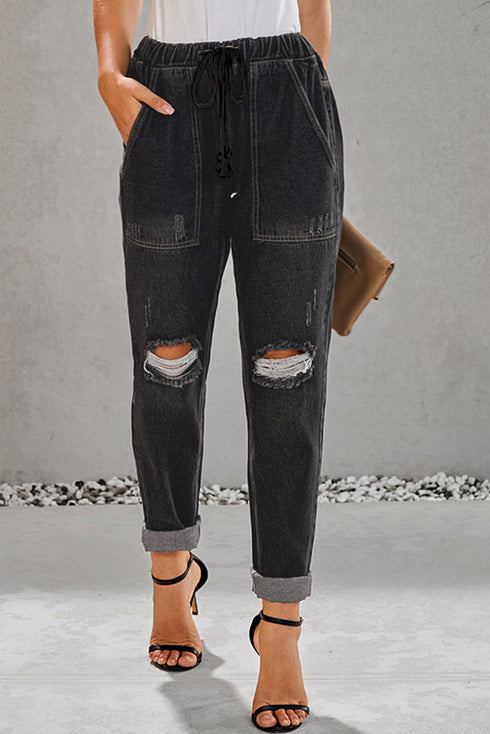 Casual Distressed Pocketed Denim Jogger Jeans
