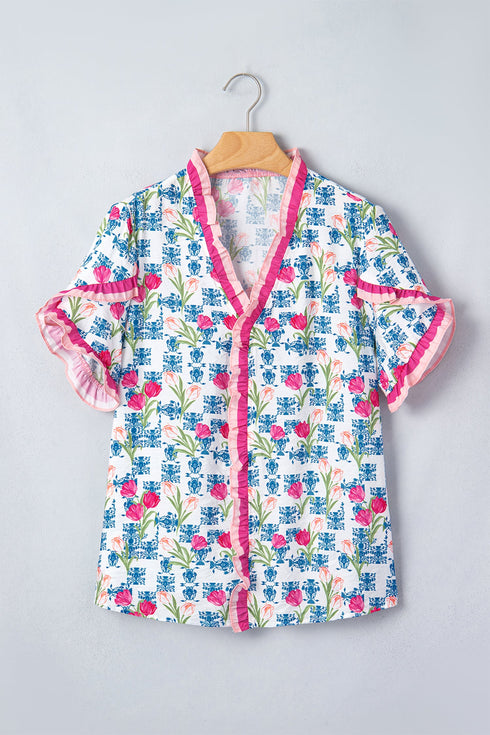 Floral Print Ruffle V Neck Short Sleeve Tunic Shirt