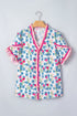 Floral Print Ruffle V Neck Short Sleeve Tunic Shirt