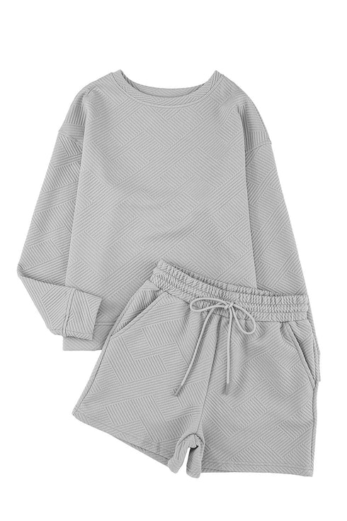 Textured Long Sleeve Top And Drawstring Lounge Short Sets