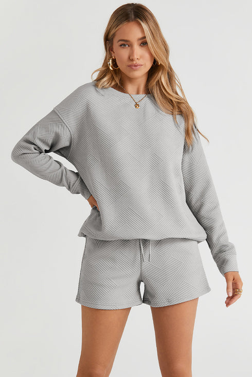 Textured Long Sleeve Top And Drawstring Lounge Short Sets