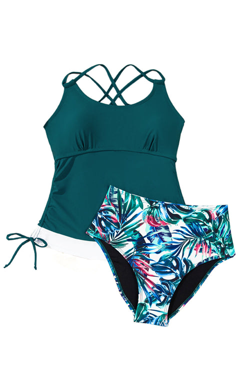 Ruched Side Tie Strap Leaf Print Tankini Set
