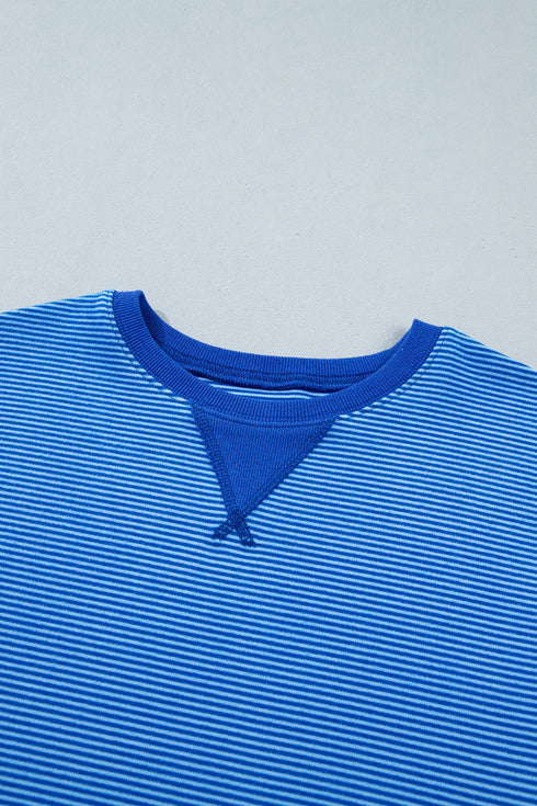 Striped Ribbed Cuff Hem Seam Long Sleeve Pullover Top