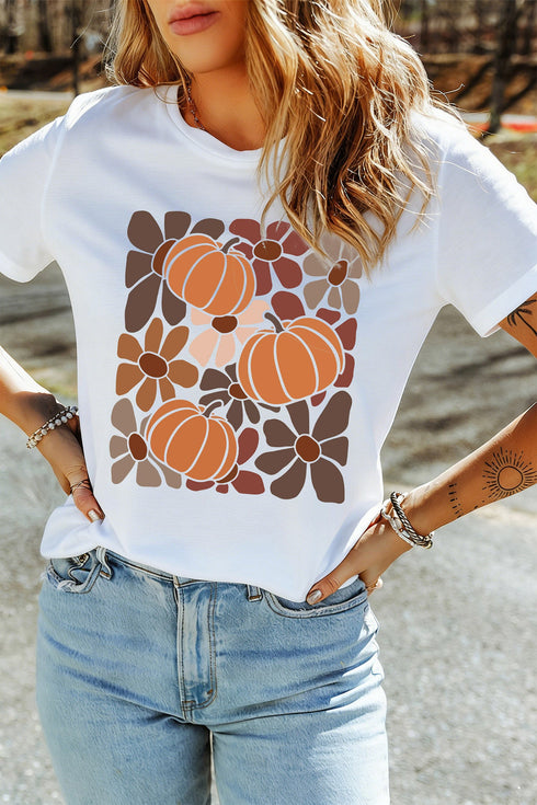 Polyester Cotton Blend Floral Pumpkin Print Tee