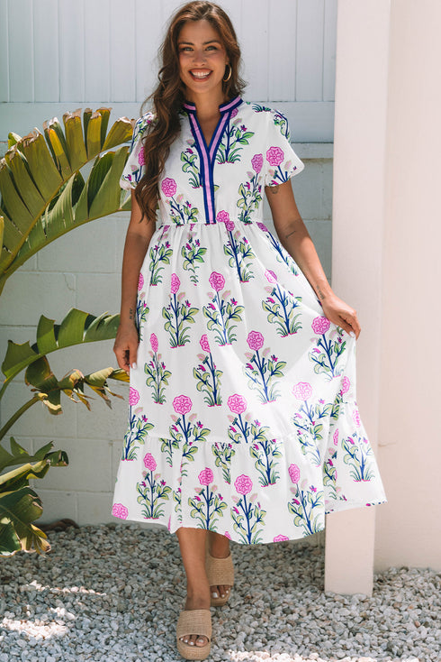Floral Puff Short Sleeve V Neck High Waist Maxi Dress