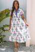 Floral Puff Short Sleeve V Neck High Waist Maxi Dress