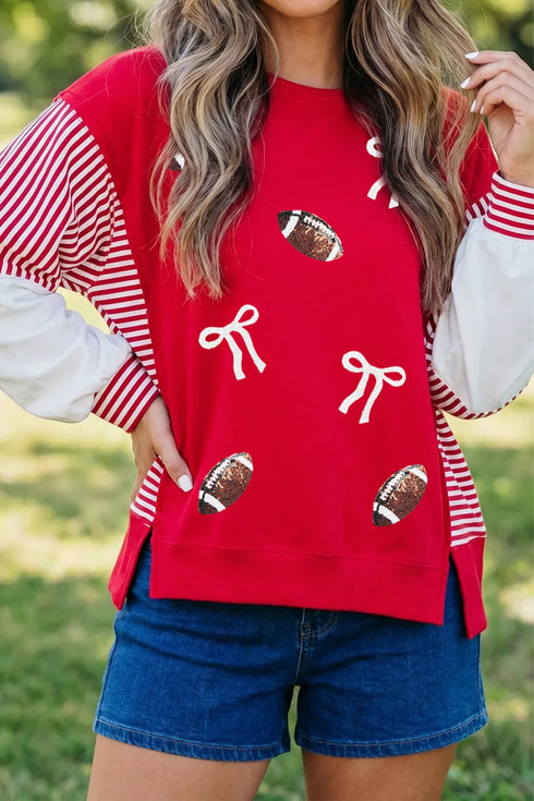 Sequin Rugby Bow Striped Sleeve Patchwork Graphic Sweatshirt