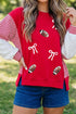 Sequin Rugby Bow Striped Sleeve Patchwork Graphic Sweatshirt