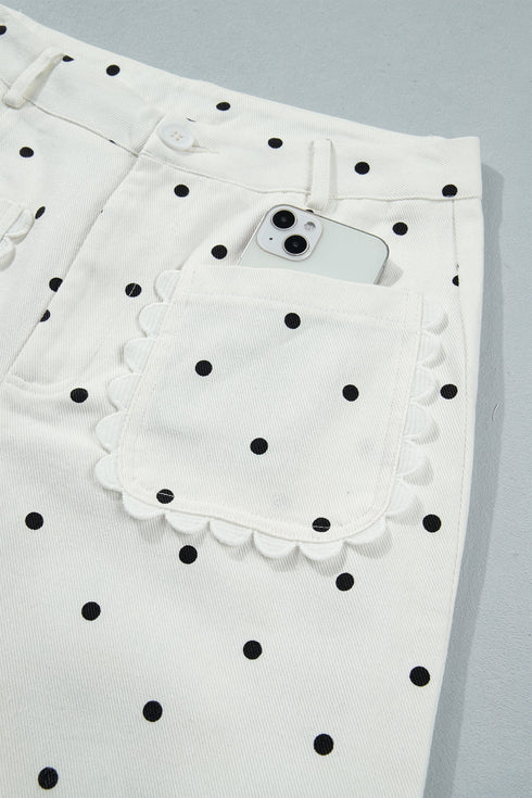 Polka Dot Print Scalloped Patch Pocket Cotton Shift Pants