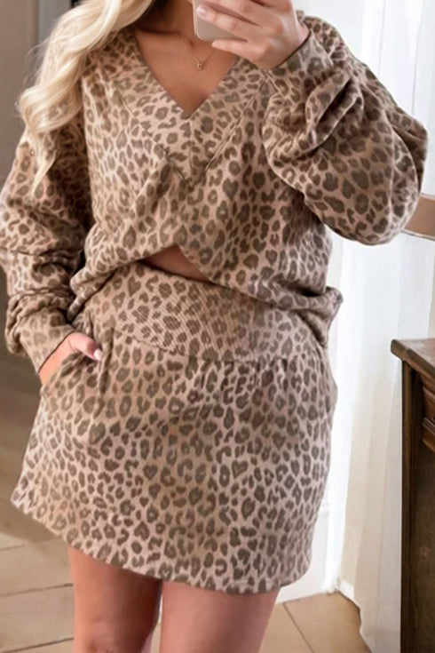 Modern Leopard Print V Neck Pullover Two Piece Dresses