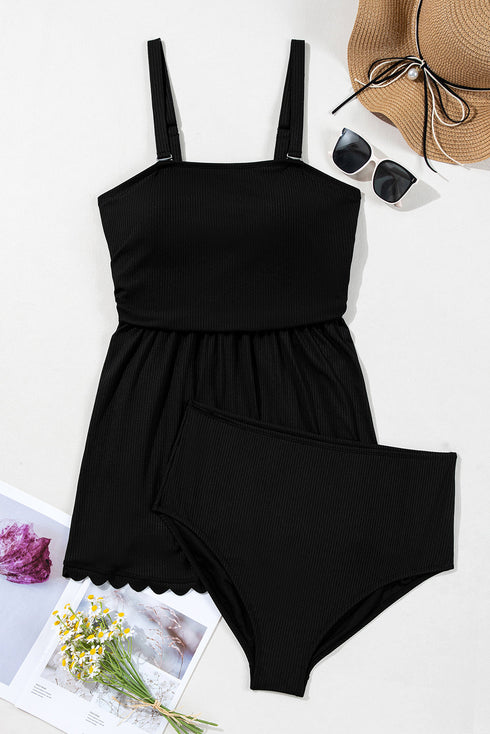 Ribbed Textured Scalloped Trim Swim Dress Swimwear