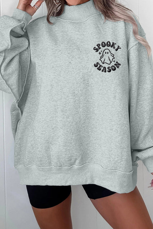 Spooky Embroidered Letter Graphic Mock Neck Sweatshirt
