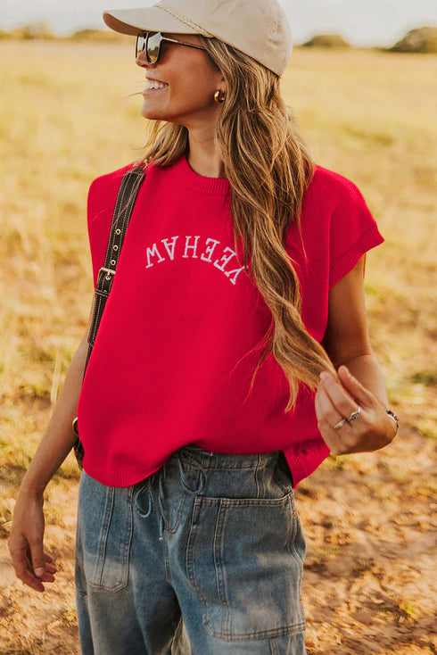 Yeehaw Graphic Sleeveless Crew Neck Knit Sweater