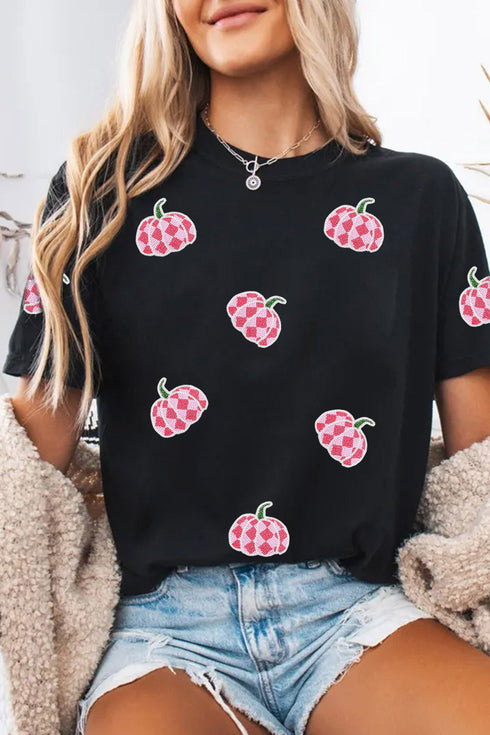 Sequin Plaid Pumpkin Graphic Round Neck Sweatshirt