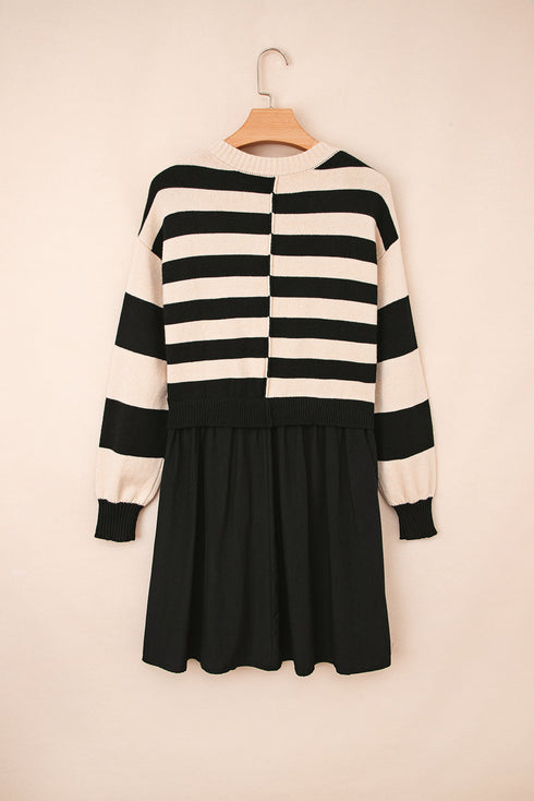Striped Knit Bodice Mixed Media Mini Dress