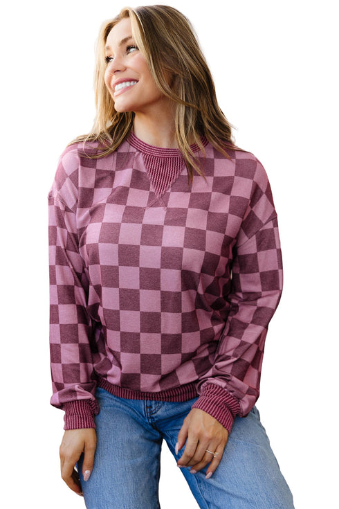 Ribbed Trim Checkered Print Long Sleeve Pullover Top