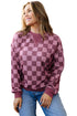 Ribbed Trim Checkered Print Long Sleeve Pullover Top