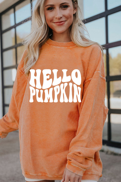 Hello Pumpkin Graphic Corded Texture Oversized Pullover Sweatshirt